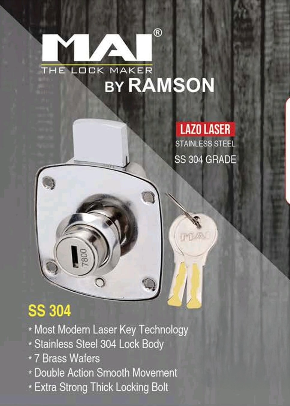 Ramson Premium Quality Mai Collection Lazo Laser Drawer and Almirah Lock Stainless Steel 304 Grade- Pack of 1