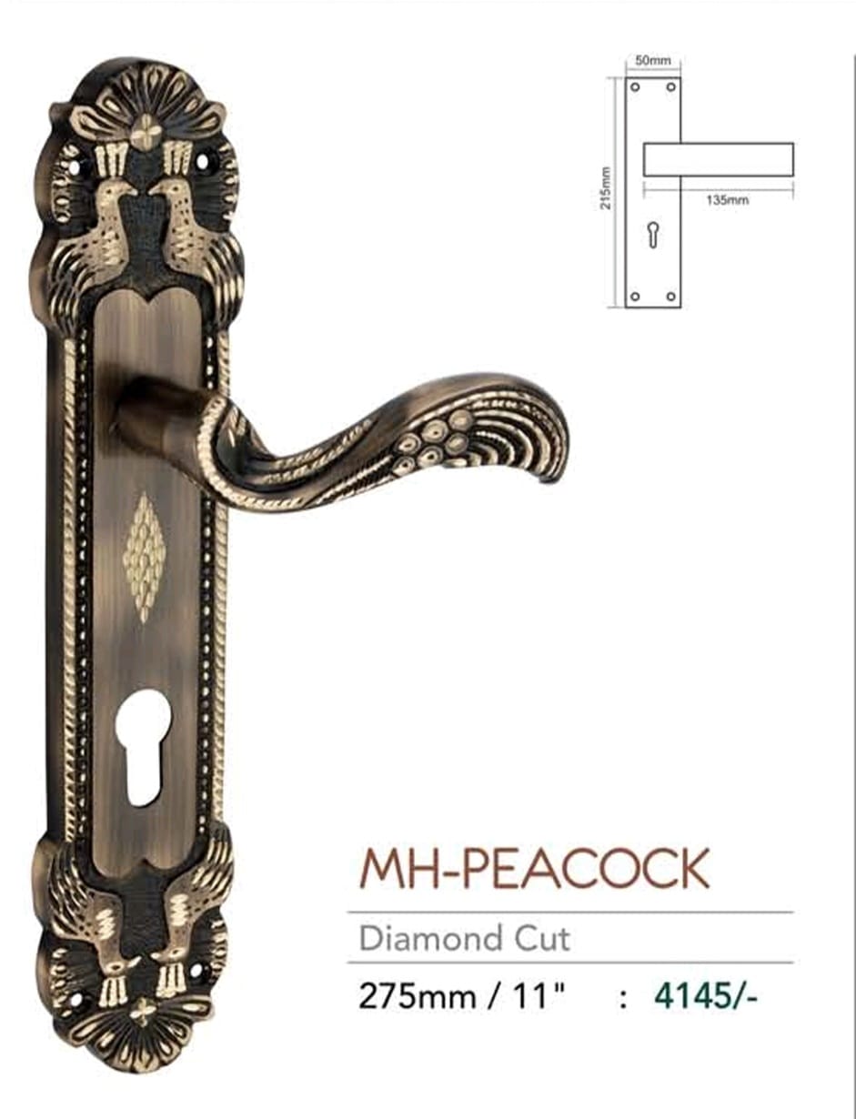 Ramson Premium Quality Brass Mortise MH-Peacock Diamond Cut Handle With Cylinder Key – 11 inch (275mm)