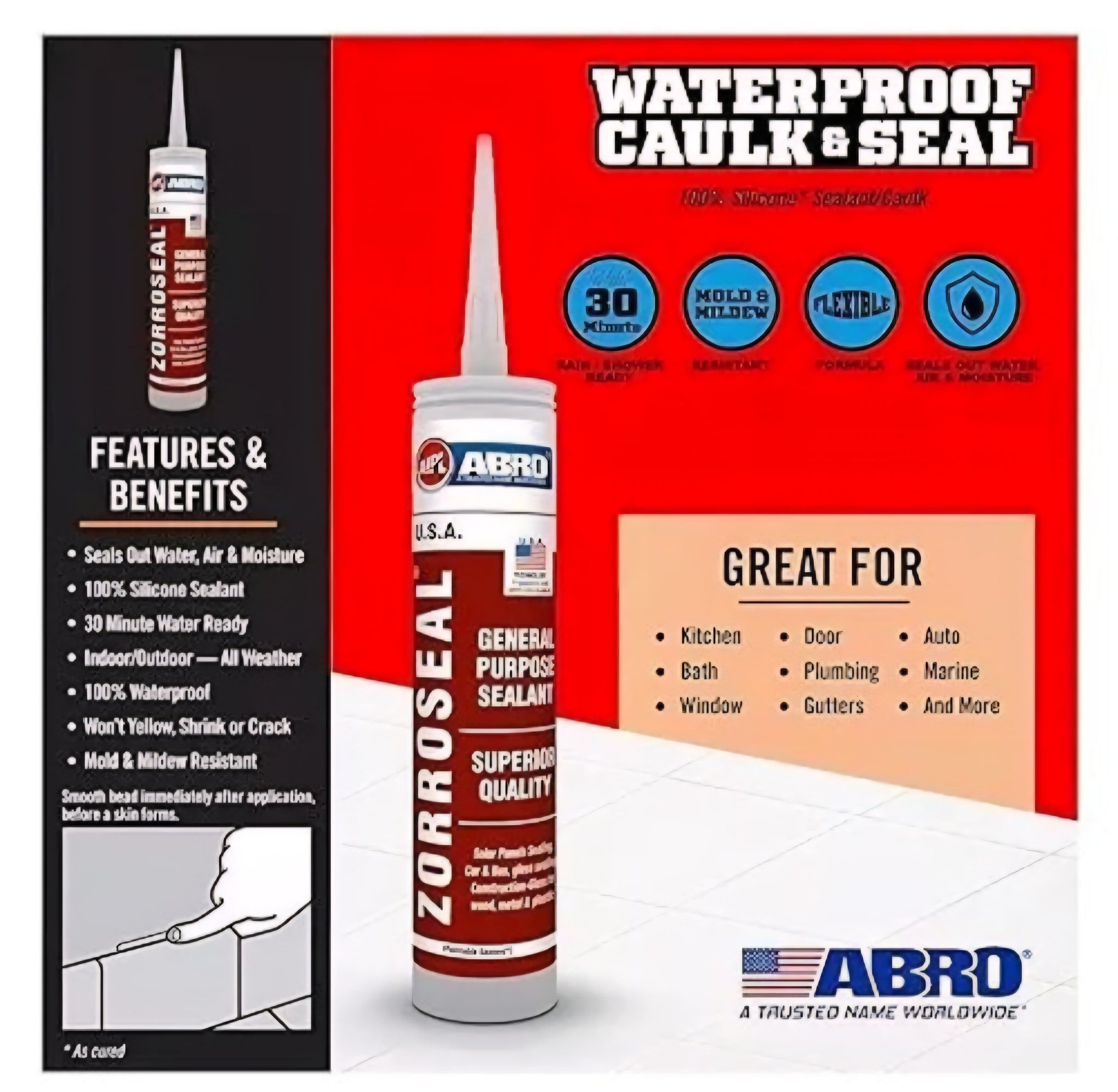 Abro Advanced Silicone Caulk For Kitchen & Bathroom - Silicone Sealant Zorroseal General Purpose Sealant Superior Quality 260 ml Clear