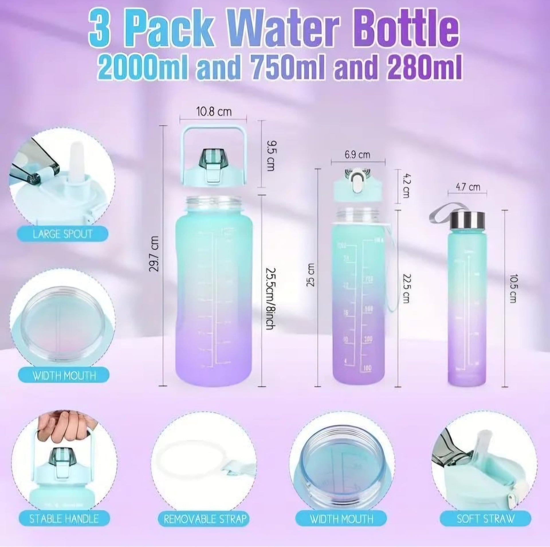 Smrtin Premium Quality Motivational Water Bottle with Time Marker – Pack of 3 (2000ml, 900ml &amp; 300ml) | BPA-Free Plastic | Multicolor